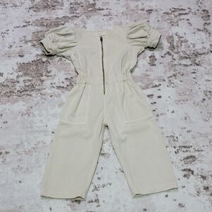 Pehr Toddler Twill Jumpsuit 4Y Cream Puff Sleeve Zip Front Utility Pockets